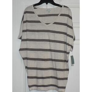 Susina Women's Short Sleeve V-Neck Dolman Top In Beige Htr. Charcoal Kacy Stripe